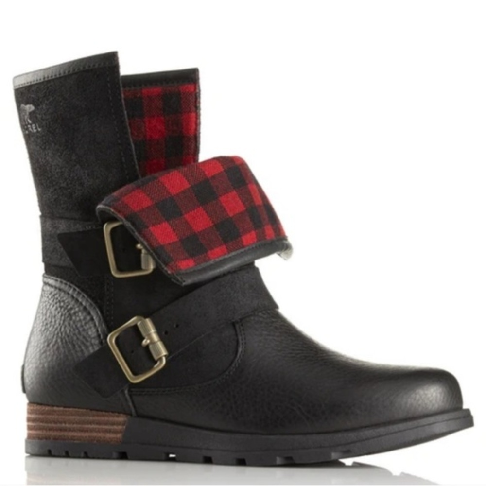 Sorel Major Moto Buffalo Plaid Lined Black Leather Boots Size 9 Red Black